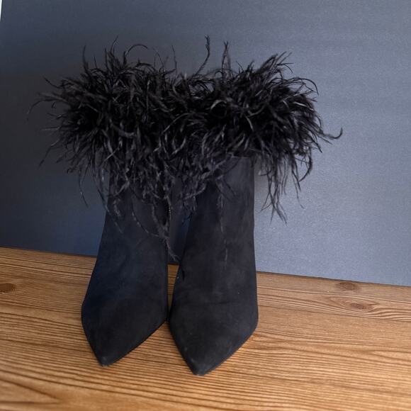 Michael Kors Black Suede Feather Trim Whitby Heeled Pointed Toe Booties Women 10 - Picture 6 of 11